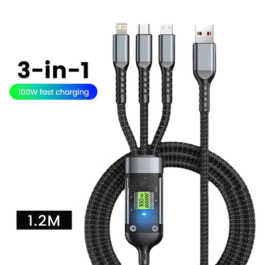 Transparent Luminous 3-In-1 Super Fast Charging Cable, 3 in 1 Charging Cable, Universal with Type-C Micro for Iphone15 14 13